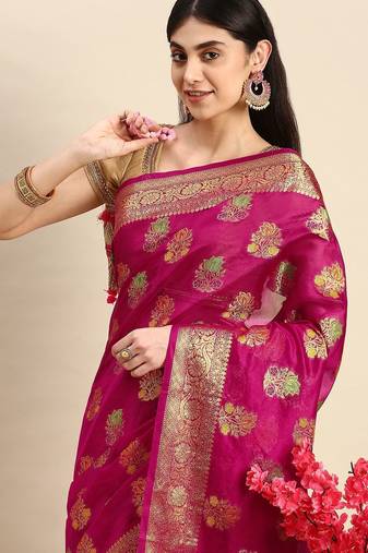 pink pink & golden floral zari organza kanjeevaram saree