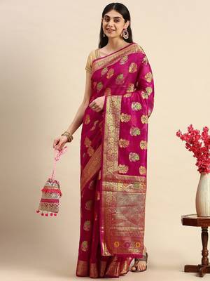 pink pink & golden floral zari organza kanjeevaram saree 2