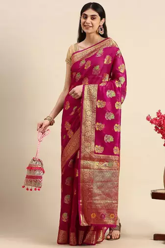 pink pink & golden floral zari organza kanjeevaram saree