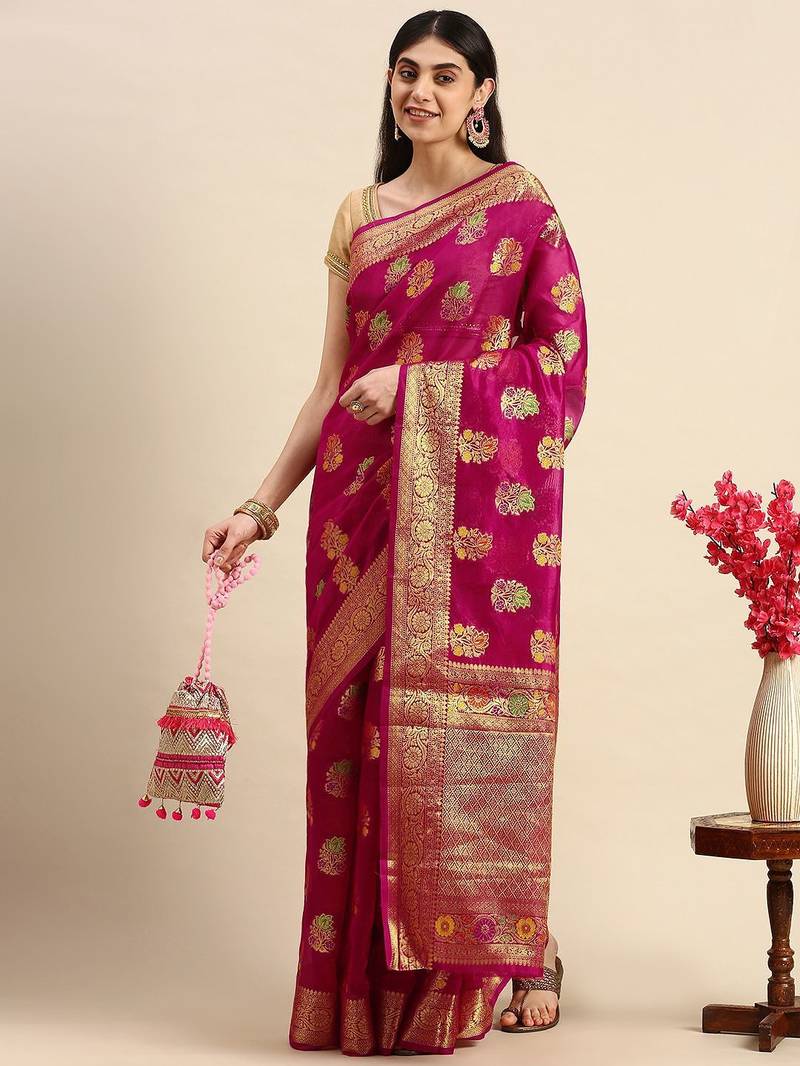 pink pink & golden floral zari organza kanjeevaram saree