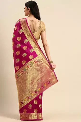 pink pink & golden floral zari organza kanjeevaram saree