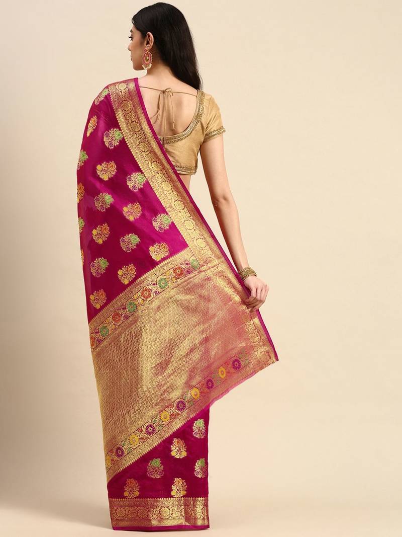 pink pink & golden floral zari organza kanjeevaram saree