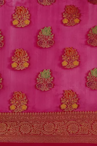 pink pink & golden floral zari organza kanjeevaram saree