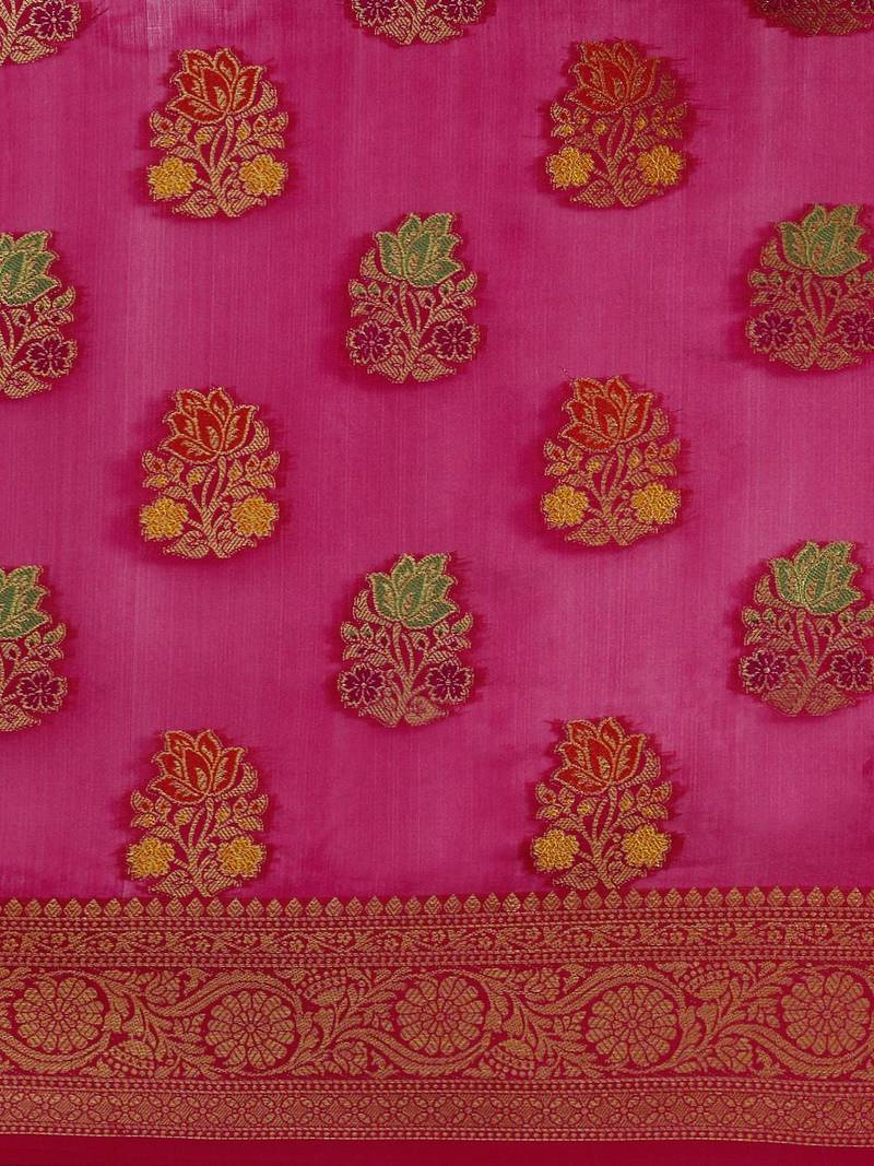 pink pink & golden floral zari organza kanjeevaram saree