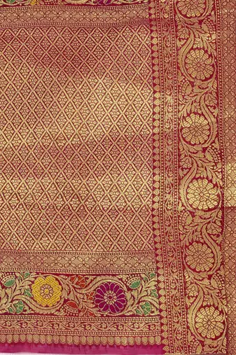 pink pink & golden floral zari organza kanjeevaram saree
