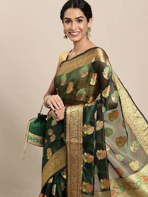 green green floral zari organza kanjeevaram saree 1