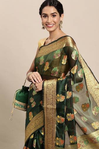 green green floral zari organza kanjeevaram saree