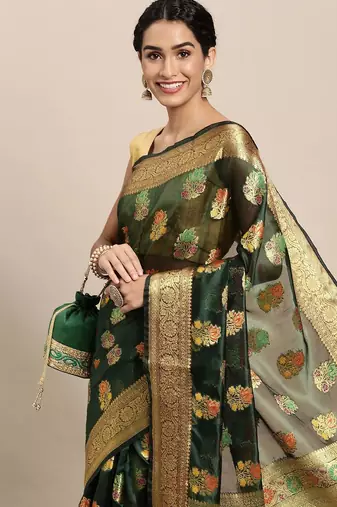 green green floral zari organza kanjeevaram saree