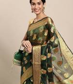 green green floral zari organza kanjeevaram saree