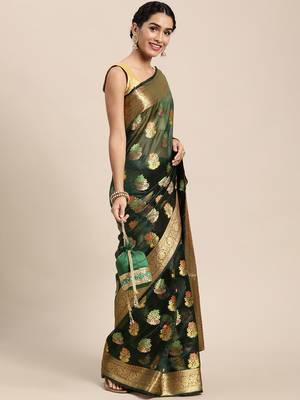 green green floral zari organza kanjeevaram saree 2