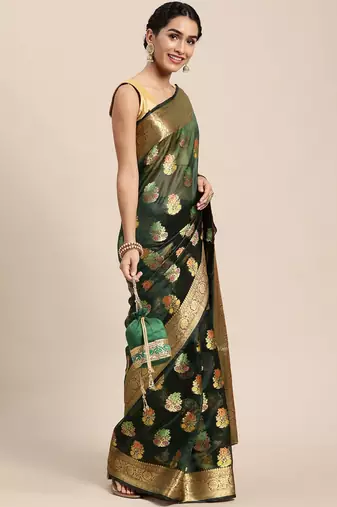 green green floral zari organza kanjeevaram saree