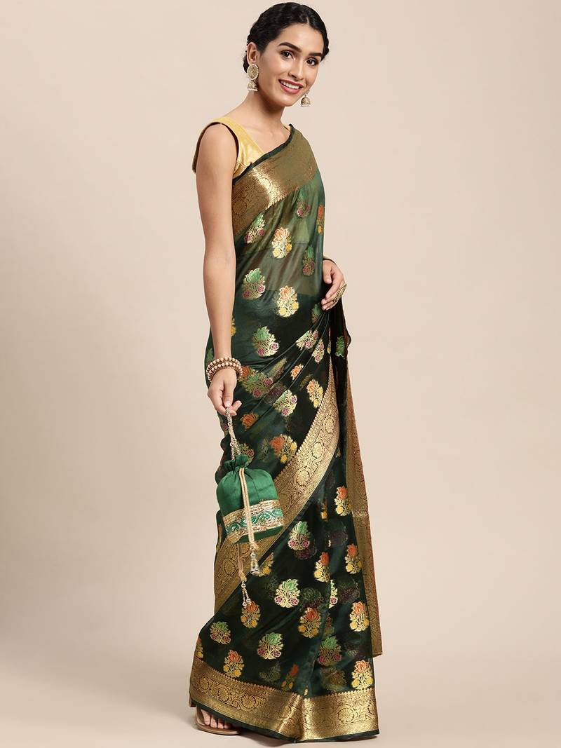 green green floral zari organza kanjeevaram saree