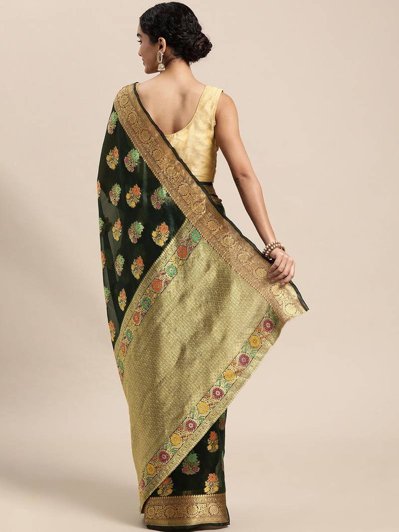 green green floral zari organza kanjeevaram saree