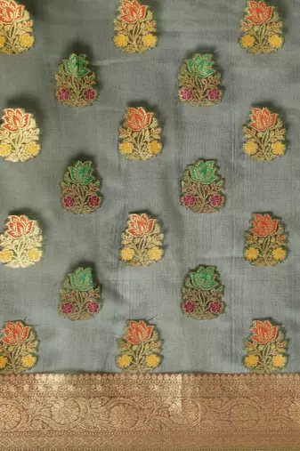 green green floral zari organza kanjeevaram saree