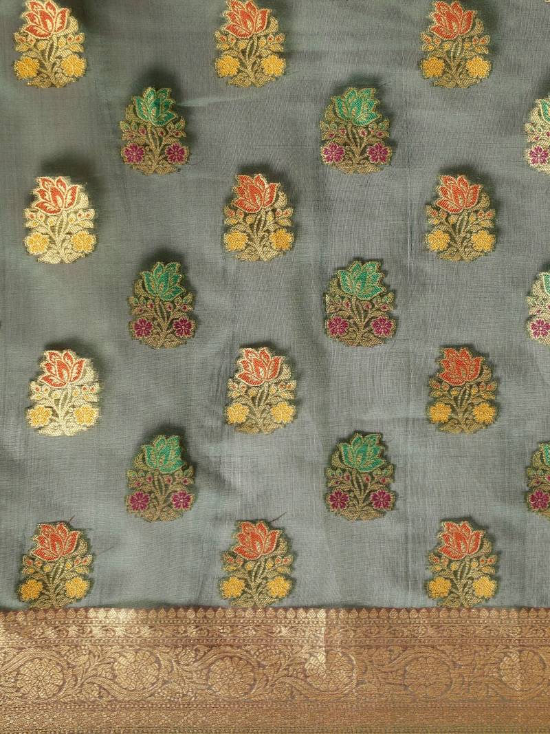 green green floral zari organza kanjeevaram saree