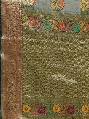 green green floral zari organza kanjeevaram saree 5
