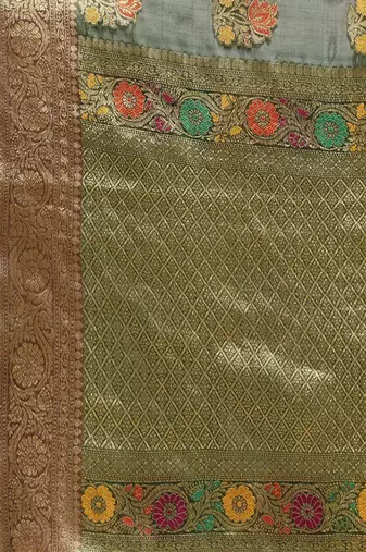 green green floral zari organza kanjeevaram saree