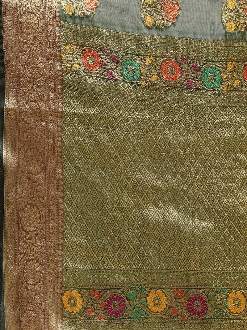 green green floral zari organza kanjeevaram saree