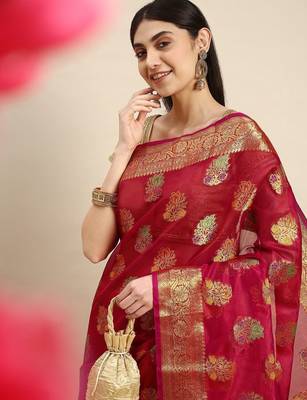 red red & golden floral zari organza kanjeevaram saree 1