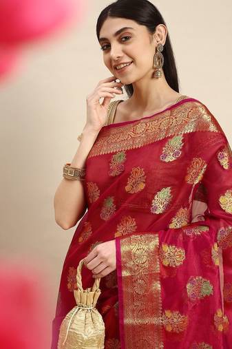 red red & golden floral zari organza kanjeevaram saree