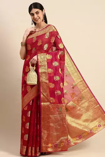 red red & golden floral zari organza kanjeevaram saree