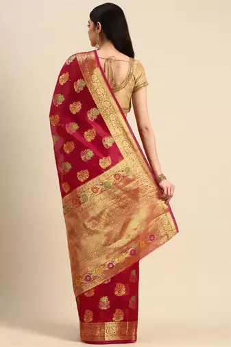 red red & golden floral zari organza kanjeevaram saree
