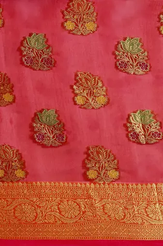 red red & golden floral zari organza kanjeevaram saree