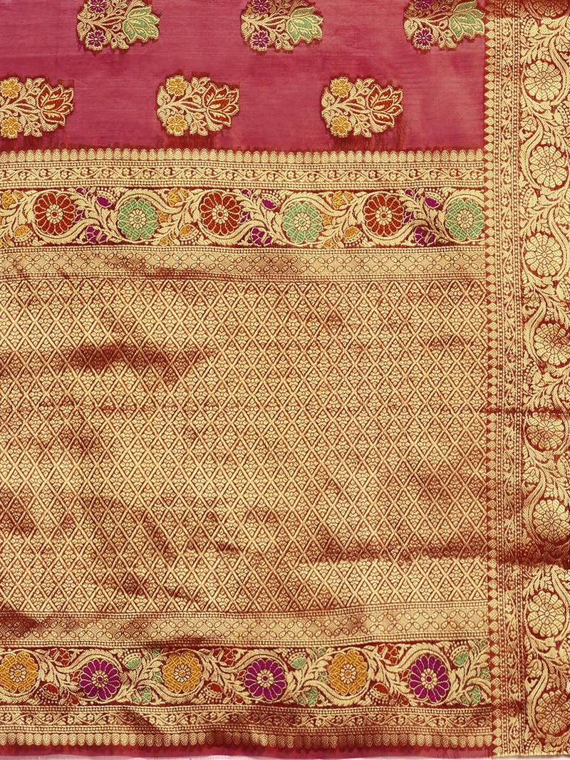 red red & golden floral zari organza kanjeevaram saree