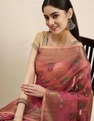pink woven design zari organza kanjeevaram saree 1