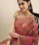 pink woven design zari organza kanjeevaram saree