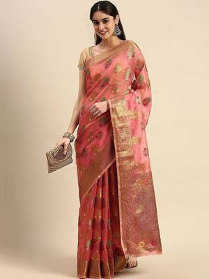 pink woven design zari organza kanjeevaram saree 2