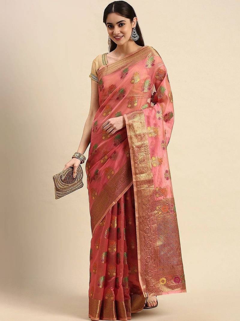 pink woven design zari organza kanjeevaram saree