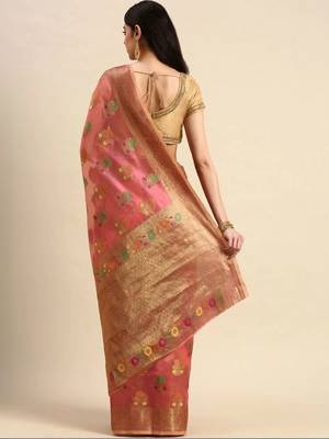 pink woven design zari organza kanjeevaram saree 3