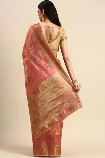 pink woven design zari organza kanjeevaram saree