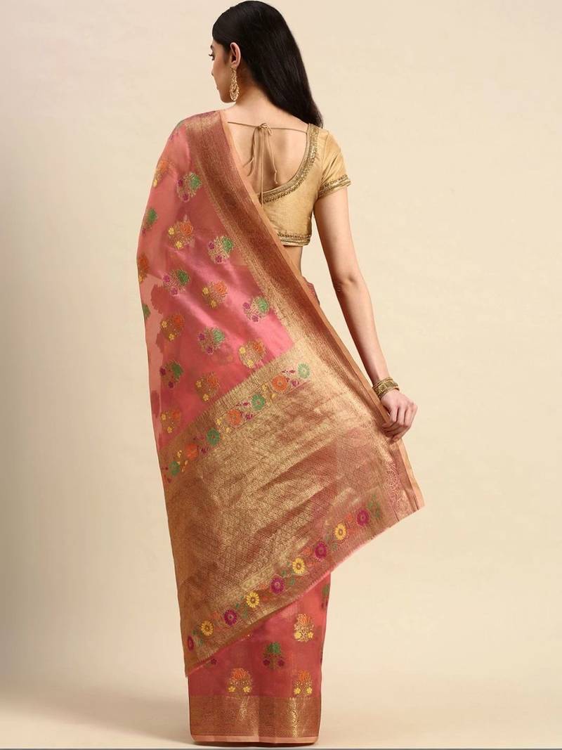 pink woven design zari organza kanjeevaram saree