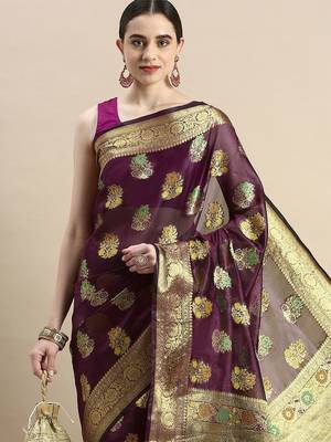 purple woven design ethnic motifs zari organza saree 1