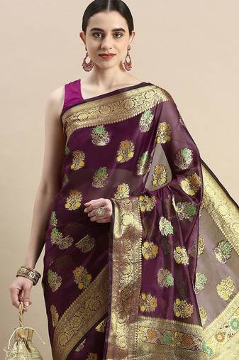 purple woven design ethnic motifs zari organza saree