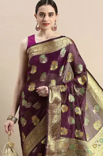 purple woven design ethnic motifs zari organza saree