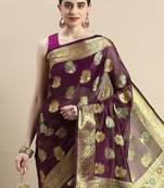 purple woven design ethnic motifs zari organza saree
