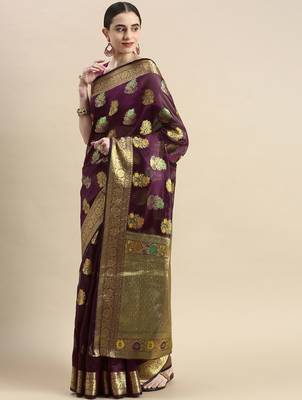 purple woven design ethnic motifs zari organza saree 2