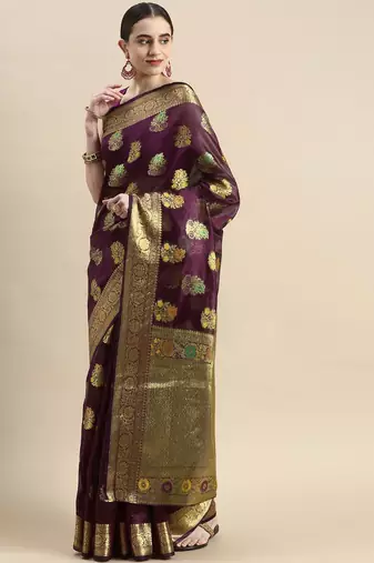purple woven design ethnic motifs zari organza saree
