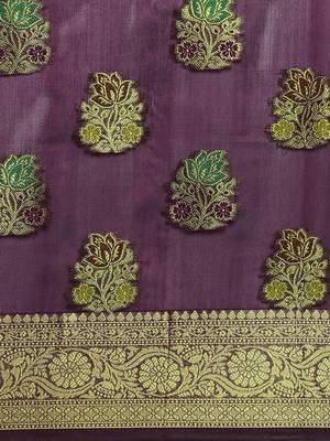 purple woven design ethnic motifs zari organza saree 4