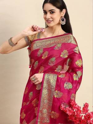 magenta woven design zari organza kanjeevaram saree 1
