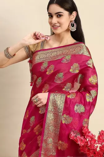 magenta woven design zari organza kanjeevaram saree