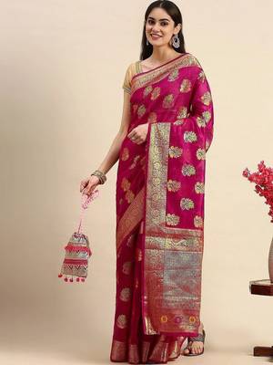 magenta woven design zari organza kanjeevaram saree 2