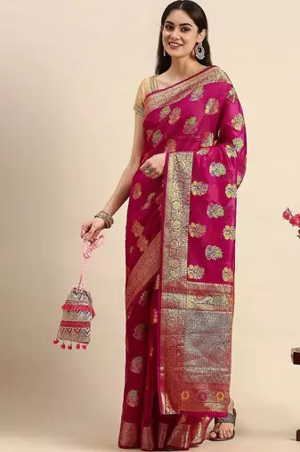 magenta woven design zari organza kanjeevaram saree