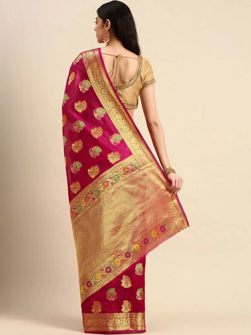 magenta woven design zari organza kanjeevaram saree