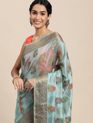 blue blue & yellow ethnic motifs zari organza saree 1