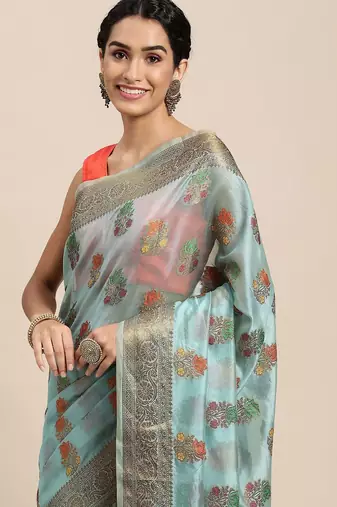 blue blue & yellow ethnic motifs zari organza saree