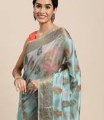 blue blue & yellow ethnic motifs zari organza saree